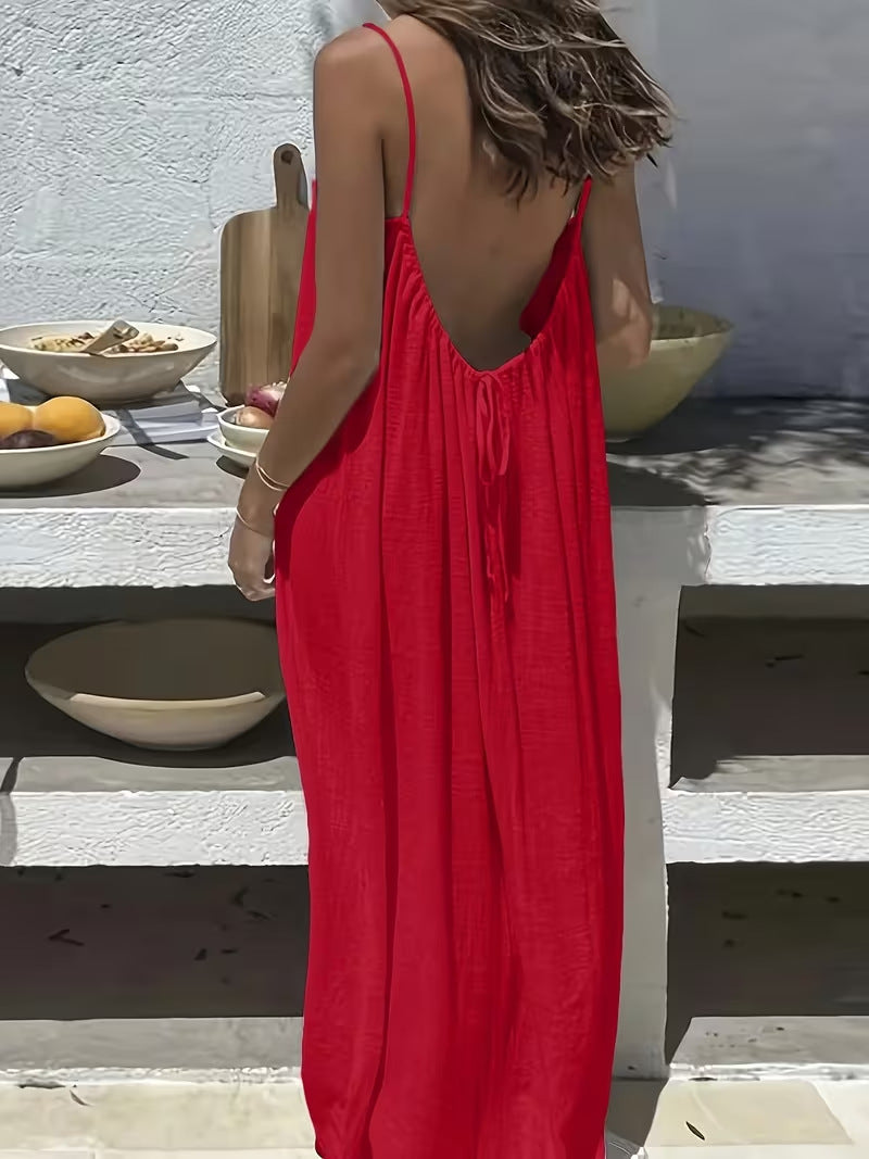 Solene | Bohemian Backless Pleated Cami Maxi Dress