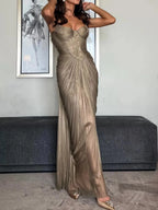 Elodie | Glamorous Gold Metallic Corset Bustier Pleated Maxi Dress - HoneyvineDress