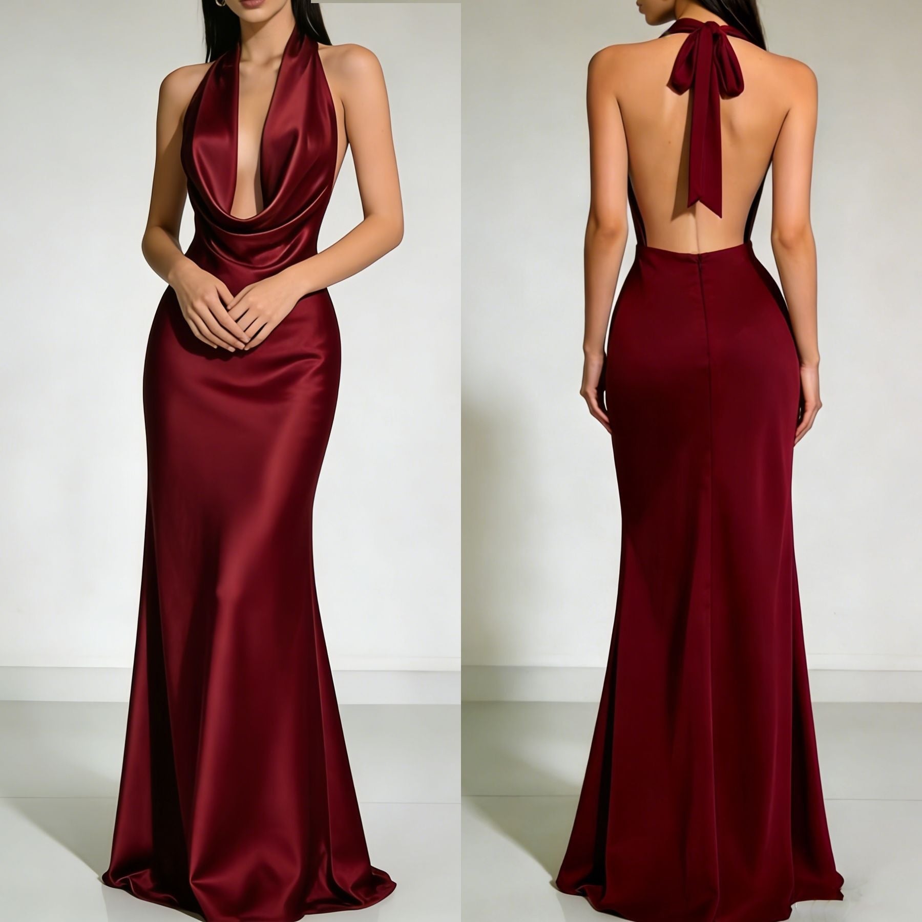Estelle | Alluring Draped Cowl Neck Satin Evening Gown