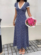 Vera | Cute Floral Print Lace Trim Maxi Dress - HoneyvineDress
