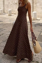 Women's Polka Dot Maxi Dress – Sleeveless A-Line Summer Dress with Square Neck - Honeyvine