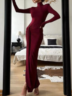 Women's High Neck Maxi Dress – Elegant Long Sleeve Bodycon Dress with Front Slit - Honeyvine