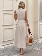 Samira | Classic Beige Linen Button-Down Midi Dress - HoneyvineDress