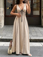Noelle | Chic V-Neck Linen Look Maxi Dress - HoneyvineDress