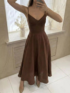 Livi | Elegant Brown Linen A-Line Midi Summer Dress - HoneyvineDress