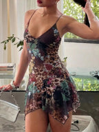 Lucia | Elegant Sheer Floral Print Mini Party Dress - HoneyvineDress