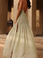 Vivia | Elegant Pleated Sheer Maxi Cami Dress - HoneyvineDress