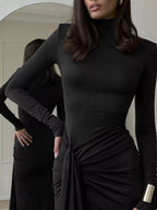 Women's High Neck Maxi Dress – Elegant Long Sleeve Bodycon Dress with Front Slit - Honeyvine