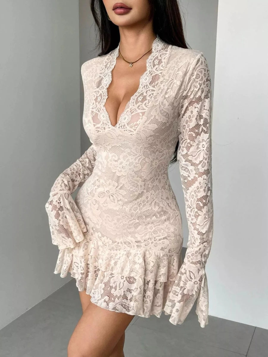 Camilla | Ethereal Floral Lace Deep V Neck Mini Dress with Ruffle Hem - HoneyvineDress