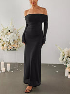 Women's Off Shoulder Maxi Dress – Elegant Long Sleeve Bodycon Evening Dress with Ruched Neckline - Honeyvine