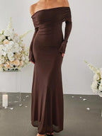 Women's Off Shoulder Maxi Dress – Elegant Long Sleeve Bodycon Evening Dress with Ruched Neckline - Honeyvine