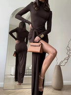Women's High Neck Maxi Dress – Elegant Long Sleeve Bodycon Dress with Front Slit - Honeyvine