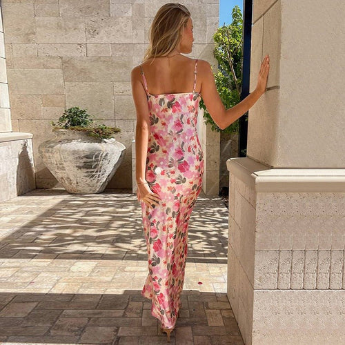 Anna | Elegant Pink Floral Satin Slip Maxi Dress for Women - Honeyvine