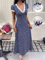 Vera | Cute Floral Print Lace Trim Maxi Dress - HoneyvineDress