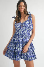 Fiona | Blue Vibrant Floral Layered Mini Dress - HoneyvineDress
