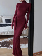 Women's High Neck Maxi Dress – Elegant Long Sleeve Bodycon Dress with Front Slit - Honeyvine