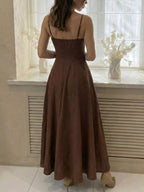 Livi | Elegant Brown Linen A-Line Midi Summer Dress - HoneyvineDress