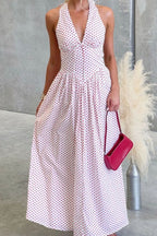 Backless Women's Polka Dot Halter Maxi Dress – Summer Dress with Deep V-Neck & Flowy A-Line Skirt - Honeyvine