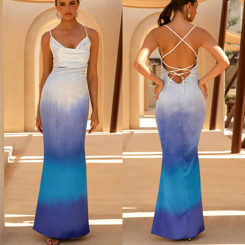 Chantal | Gradient Backless Satin Strap Dress
