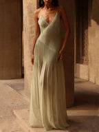 Vivia | Elegant Pleated Sheer Maxi Cami Dress - HoneyvineDress