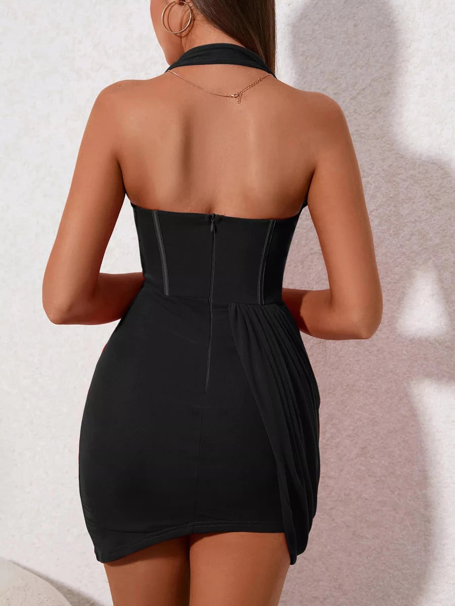 Jennifer | Bold Ruched Halter Neck Mini Dress - HoneyvineDress