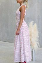 Backless Women's Polka Dot Halter Maxi Dress – Summer Dress with Deep V-Neck & Flowy A-Line Skirt - Honeyvine
