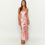 Anna | Elegant Pink Floral Satin Slip Maxi Dress for Women - Honeyvine