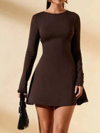 Long Sleeve Mini Dress – Elegant Fit & Flare Skater Dress with Crew Neck - Honeyvine