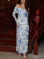 Women's Off Shoulder Maxi Dress – Elegant Long Sleeve Bodycon Evening Dress with Ruched Neckline - Honeyvine