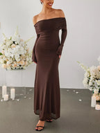 Women's Off Shoulder Maxi Dress – Elegant Long Sleeve Bodycon Evening Dress with Ruched Neckline - Honeyvine