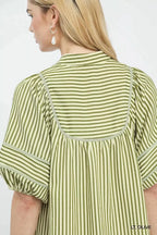 Cleo | Casual Green Striped Puff Sleeve Mini Dress – Relaxed Summer Dress - HoneyvineDress