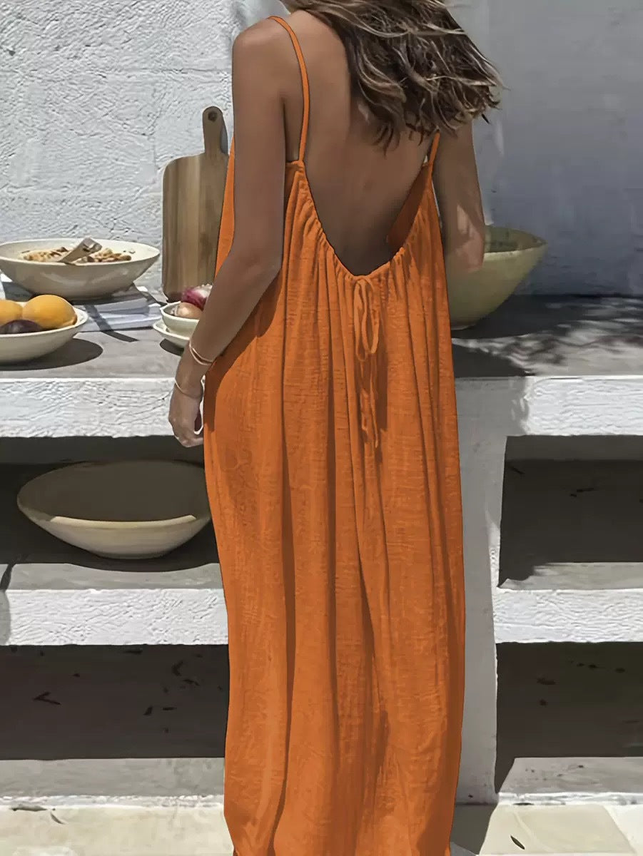 Solene | Bohemian Backless Pleated Cami Maxi Dress