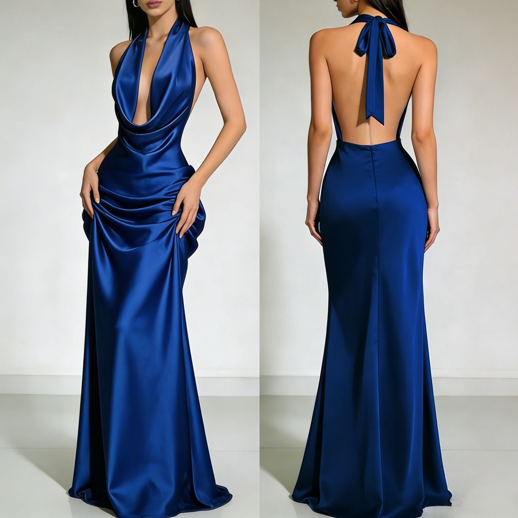 Estelle | Alluring Draped Cowl Neck Satin Evening Gown