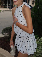 Victoria | Chic Polka Dot Halter Ruffle Backless Mini Dress - HoneyvineDress