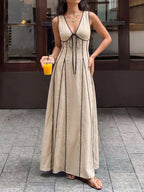Noelle | Chic V-Neck Linen Look Maxi Dress - HoneyvineDress