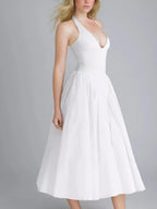 Mila | Elegant Deep V Neck Midi Summer Dress with Pockets - HoneyvineDress