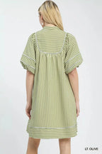 Cleo | Casual Green Striped Puff Sleeve Mini Dress – Relaxed Summer Dress - HoneyvineDress