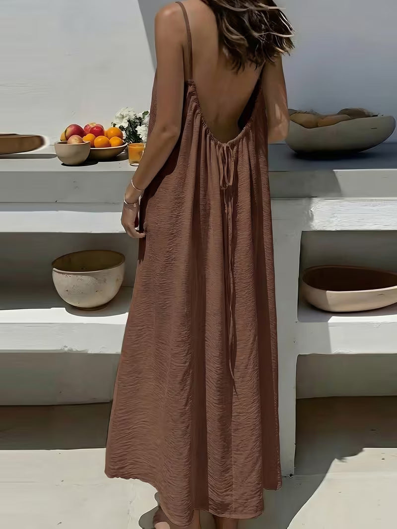 Solene | Bohemian Backless Pleated Cami Maxi Dress