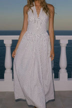 Backless Women's Polka Dot Halter Maxi Dress – Summer Dress with Deep V-Neck & Flowy A-Line Skirt - Honeyvine