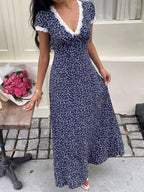 Vera | Cute Floral Print Lace Trim Maxi Dress - HoneyvineDress