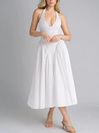 Mila | Elegant Deep V Neck Midi Summer Dress with Pockets - HoneyvineDress