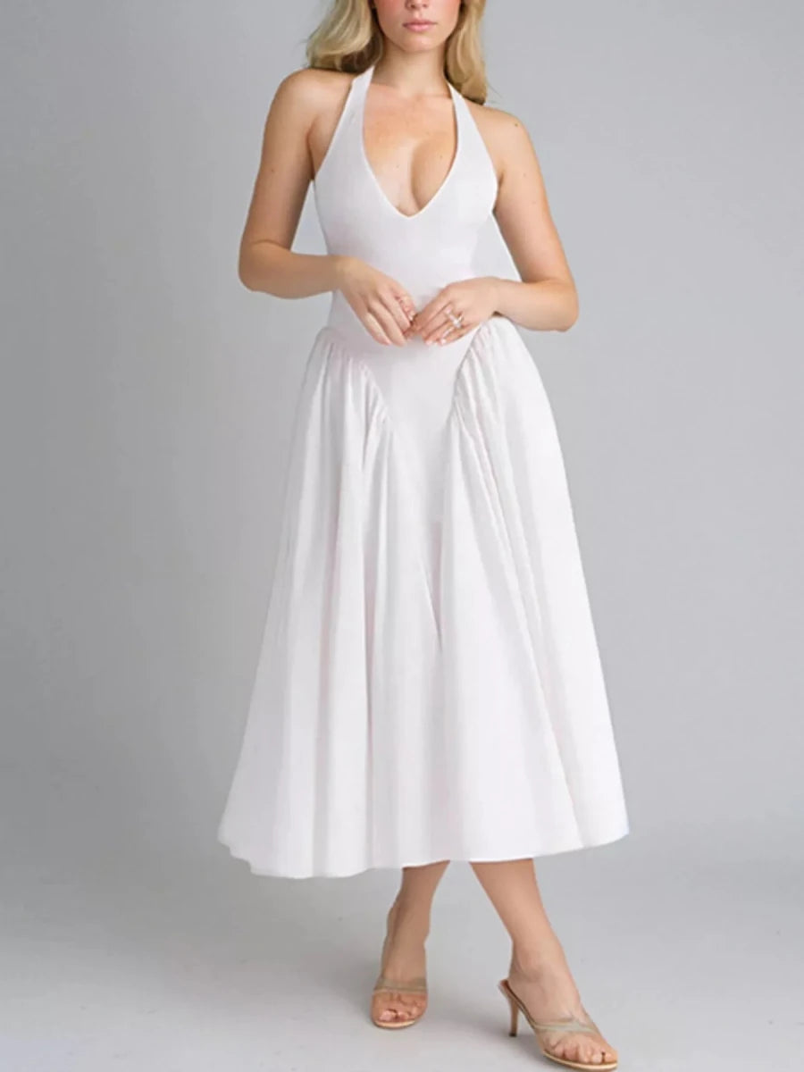 Mila | Elegant Deep V Neck Midi Summer Dress with Pockets - HoneyvineDress