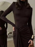 Women's High Neck Maxi Dress – Elegant Long Sleeve Bodycon Dress with Front Slit - Honeyvine