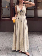 Noelle | Chic V-Neck Linen Look Maxi Dress - HoneyvineDress