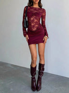 Amy | Lace Sheer Cutout Back Long Sleeve Party Dress - HoneyvineDress
