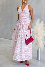 Backless Women's Polka Dot Halter Maxi Dress – Summer Dress with Deep V-Neck & Flowy A-Line Skirt - Honeyvine