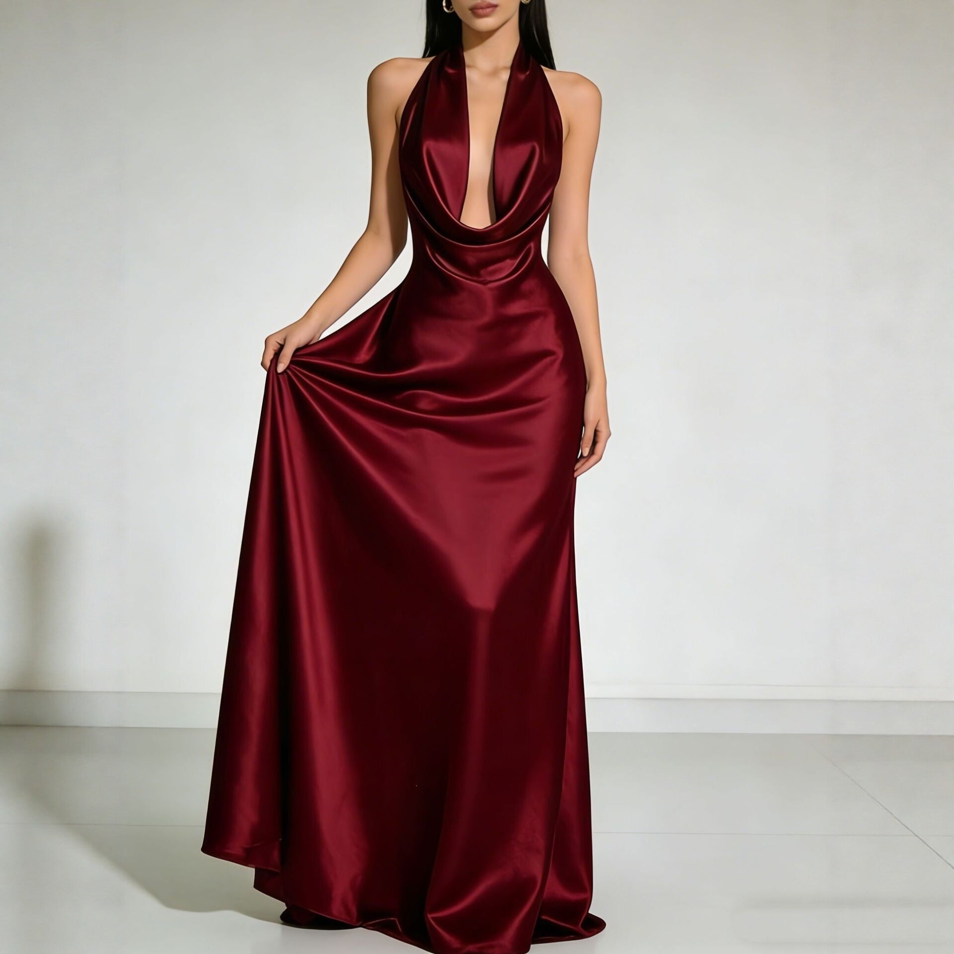 Estelle | Alluring Draped Cowl Neck Satin Evening Gown