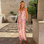 Anna | Elegant Pink Floral Satin Slip Maxi Dress for Women - Honeyvine