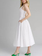 Mila | Elegant Deep V Neck Midi Summer Dress with Pockets - HoneyvineDress