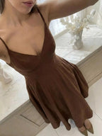 Livi | Elegant Brown Linen A-Line Midi Summer Dress - HoneyvineDress
